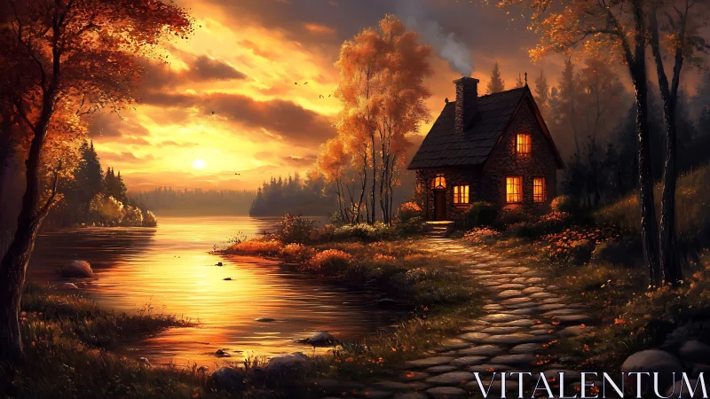 Warm cottage glows beside a tranquil river at sunset
