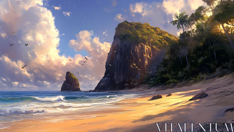 Towering Cliffs Rise Above Golden Sands.