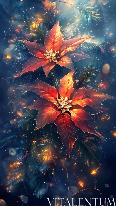 Glowing poinsettia blooms shine softly in a winter night sky