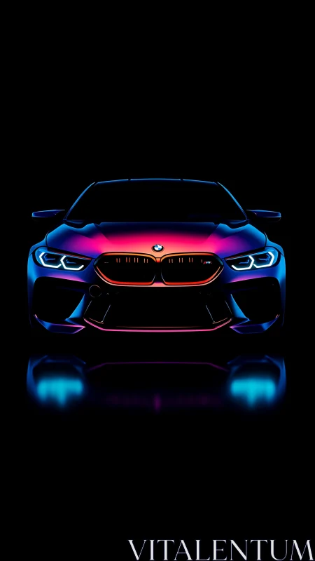 Neon-lit BMW front fascia in symmetric low-key studio isolation.