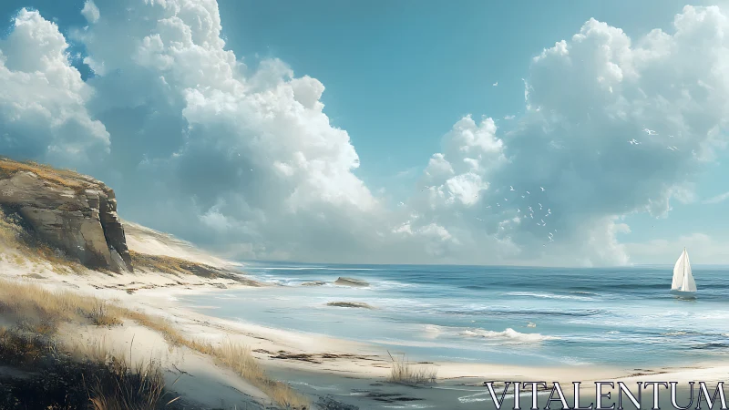 Coastal dune shoreline meets expansive cumulus sky in soft light