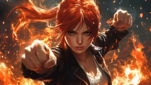 Flame-fisted heroine punches through firelit storm of sparks.