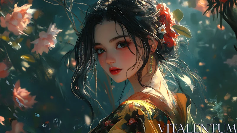 Digital portrait of floral kimono woman in soft bokeh garden.