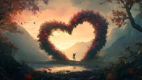Figure Standing Before Heart-Shaped Floral Archway in Mountain Valley.