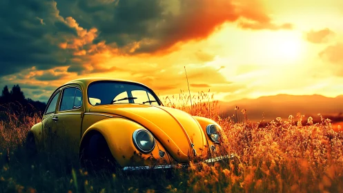 Golden vintage car rests quietly under a glowing sunset sky
