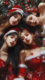 Four women in red Christmas outfits under decorated tree.