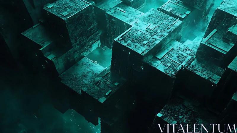 Geometric cubic structures extend into a teal atmospheric void
