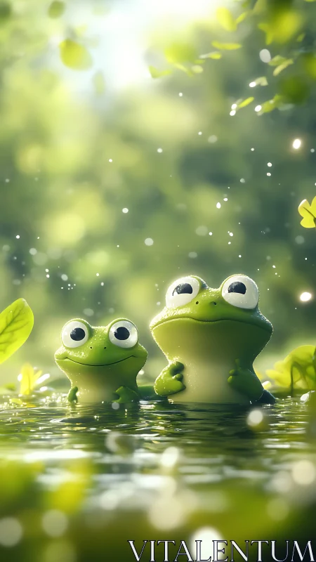 Gentle pond moment with two bright-eyed frog friends.