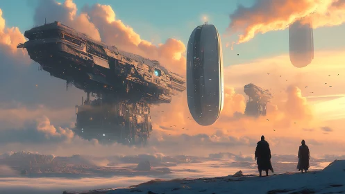 Futuristic carriers hover above frozen terrain at sunrise