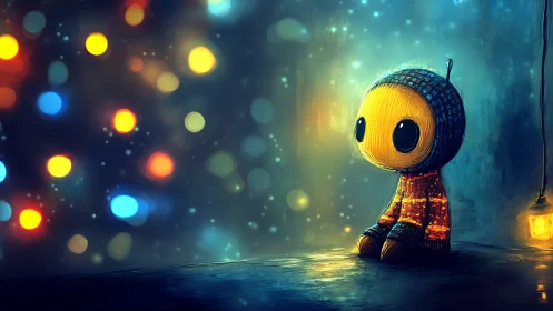 Lonely glowing doll sits under dreamy bokeh lights at night.