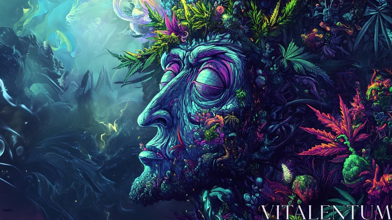 Psychedelic bioluminescent face-landscape in vegetative immersion.