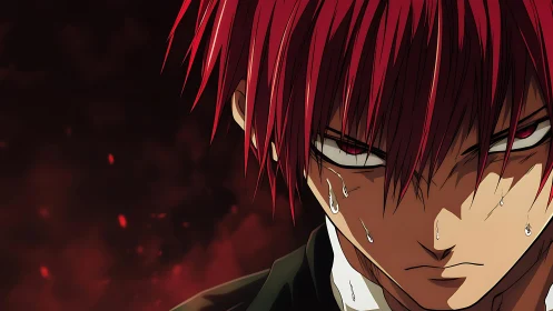 Fierce red haired anime hero holding back stormy tears.