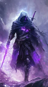 Arcane shadow wraith strides through volatile violet mist.
