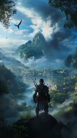 Warrior overlooking misty valley and distant mountain town.