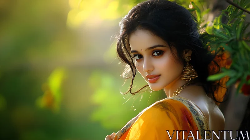 Sunlit saree muse in golden garden glow, softly radiant.