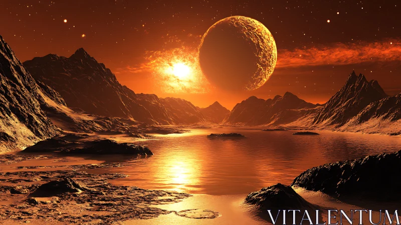 Fiery alien sunset welcomes curious eyes to a distant shore