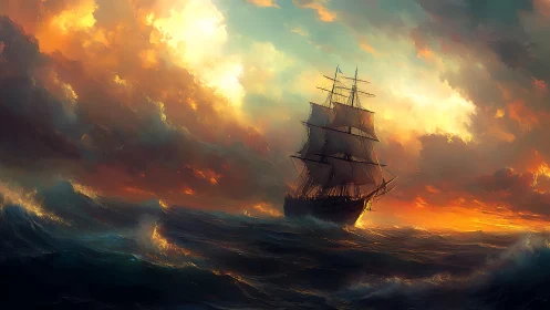 Stormlit horizon carries a lone tall ship through painted fire.