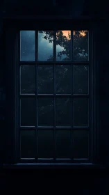 Nocturnal multi-pane window framing trees and dawn glow