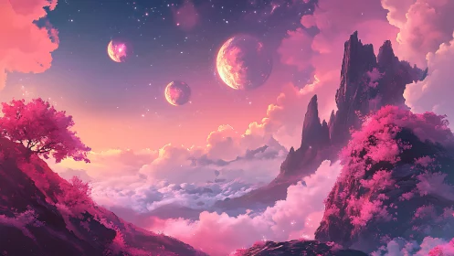 Skyward cherry peaks cradle three dreaming moons at dusk