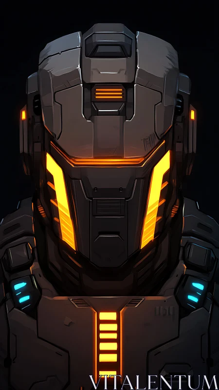 Futuristic armored helmet shows illuminated visor and panels