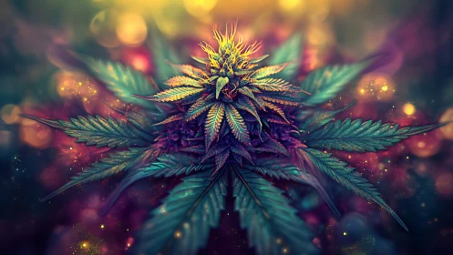 Prismatic cannabis blossom crowned in cosmic aurora light.