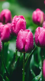 Magenta Tulips Adorned with Morning Dew Droplets.