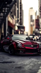 Red Cadillac sedan on urban street with blurred cityscape.