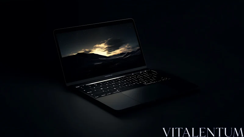 Open laptop displays illuminated landscape on dark background