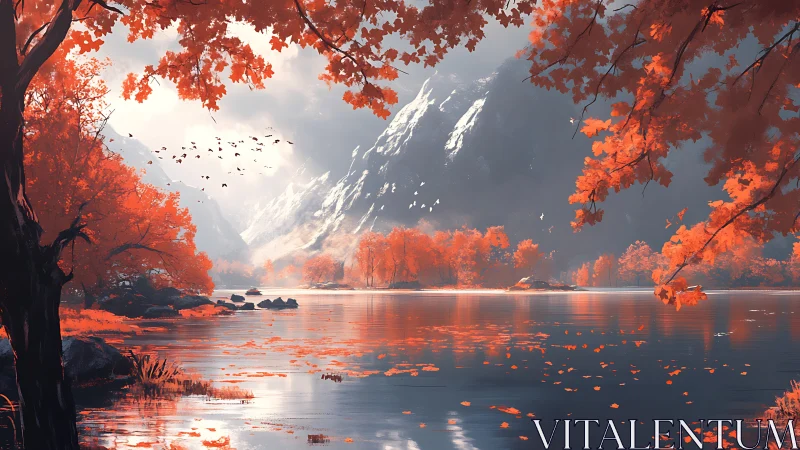 Crimson autumn lake beneath misted snowcapped peaks.