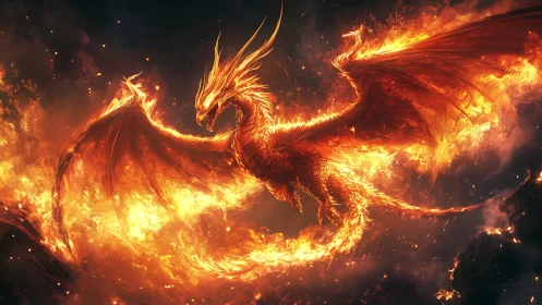 Digital painting of blazing phoenix dragon in infernal flight.