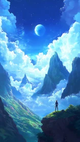 Lone adventurer surveys vast celestial mountain valley.