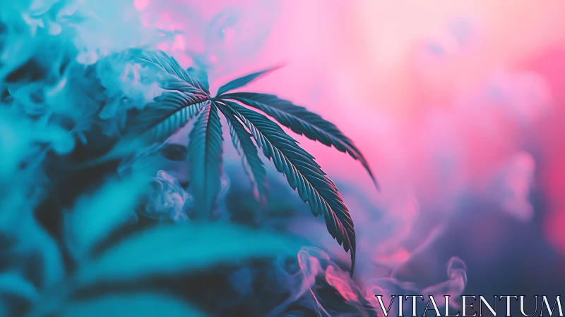 Neon haze cradles dreamy cannabis leaf in soft focus glow.