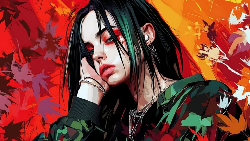 Moody girl portrait amid blazing abstract autumn reds.