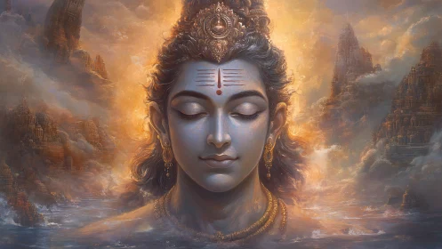 Serene divine figure in glowing clouds and ancient temples.