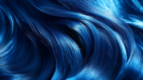 Electric cobalt hair waves curl like liquid midnight silk.