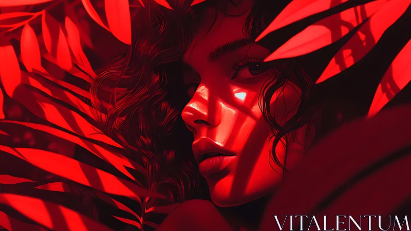 Female face partially obscured by red foliage and shadows.