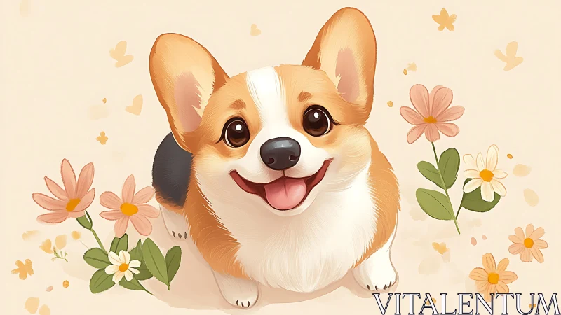 Joy-sparkled corgi beams upward amid soft pastel blossoms