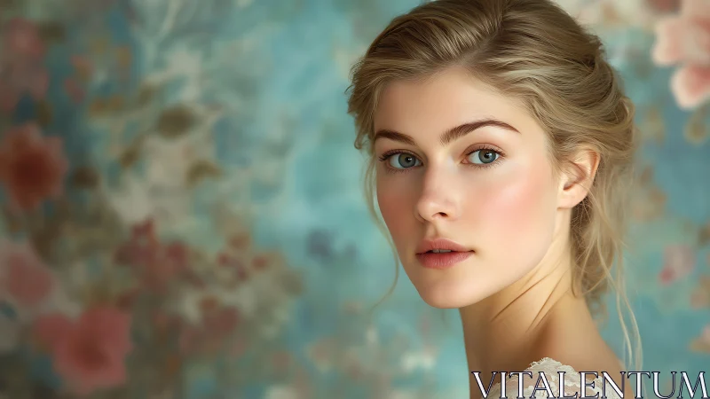 Softly lit portrait with dreamy blue floral backdrop.