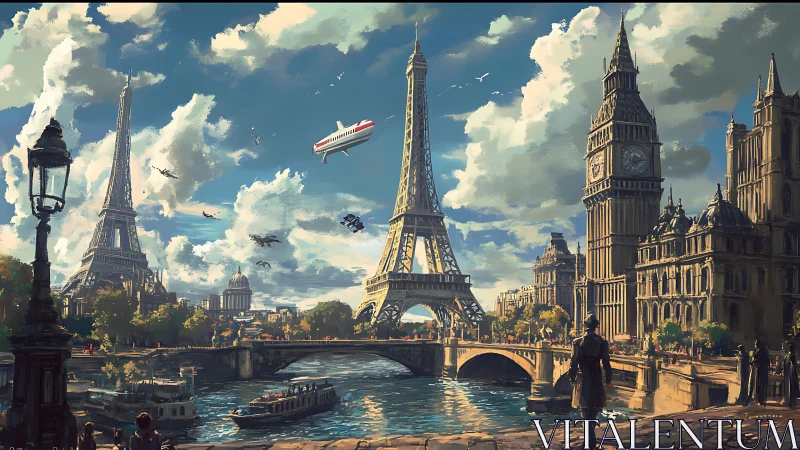 Futuristic Paris London skyline merges iconic towers