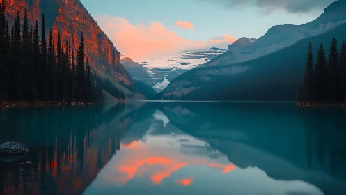 Glacier-kissed lake cradles flaming alpine dusk reflections.