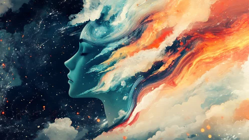 Serene female profile merging with cosmic nebula clouds.
