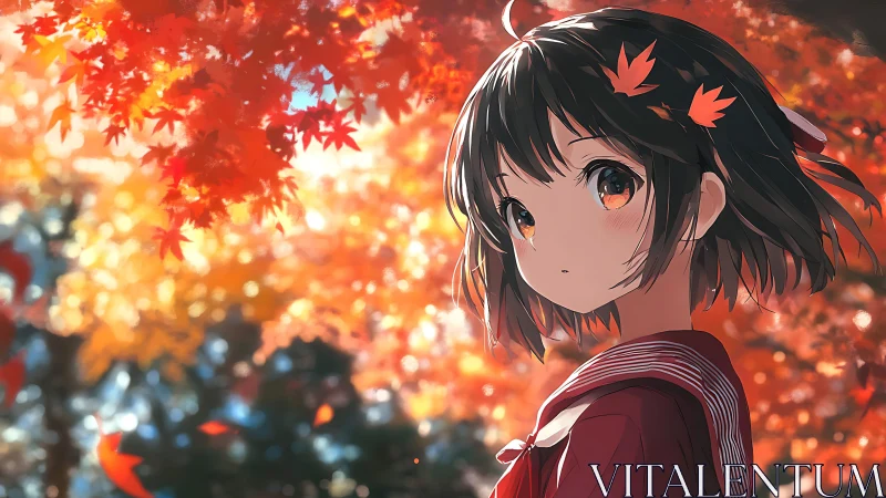 Autumn light surrounds a quiet anime girl in red uniform