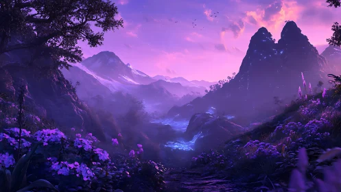 Bioluminescent river valley beneath magenta spectral dusk.