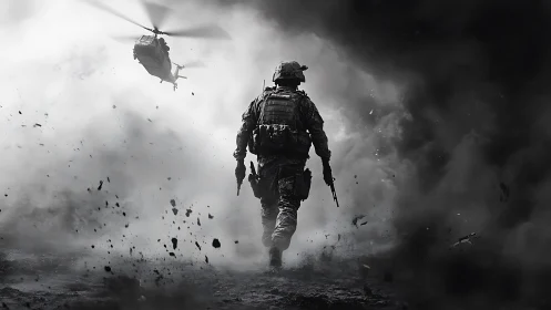 Tactical infantry silhouette advancing through kinetic blast field.