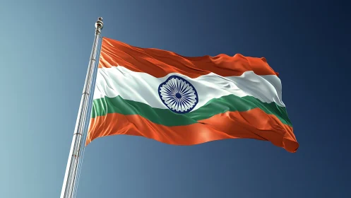 Indian tricolour flag waves on pole against clear blue sky