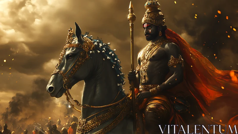 Armored warrior on horse amid stormy battlefield scene.