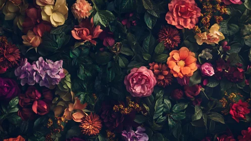 Layered Garden: Blooms in Rich Tones Against Dark Background