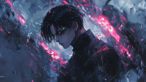 Brooding male profile amid high‑contrast magenta energy shards