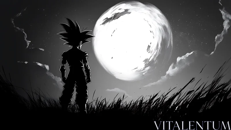 Silhouetted spiky-haired figure facing large luminous moon.