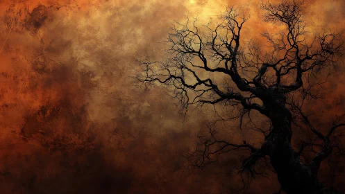 Bent midnight tree sketches inked roots across burning sky